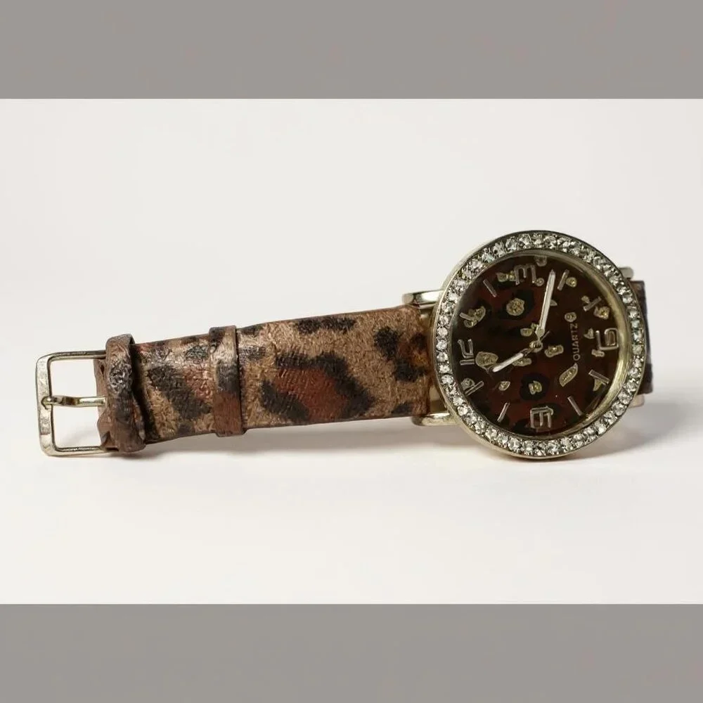 Adrienne Leopard Print Quartz Watch‎ With Rhinestone Bezel & Leather Band